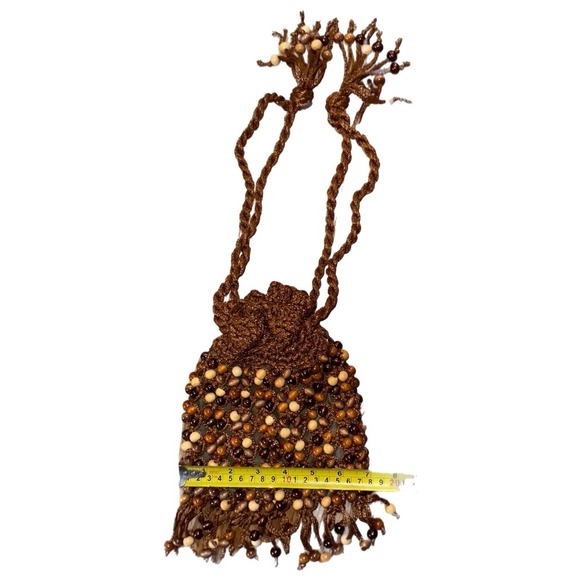 Vintage Beaded WALBORG Brown Wood Bead Women Purse Bag Fringe Handmade In Japan - Picture 12 of 12
